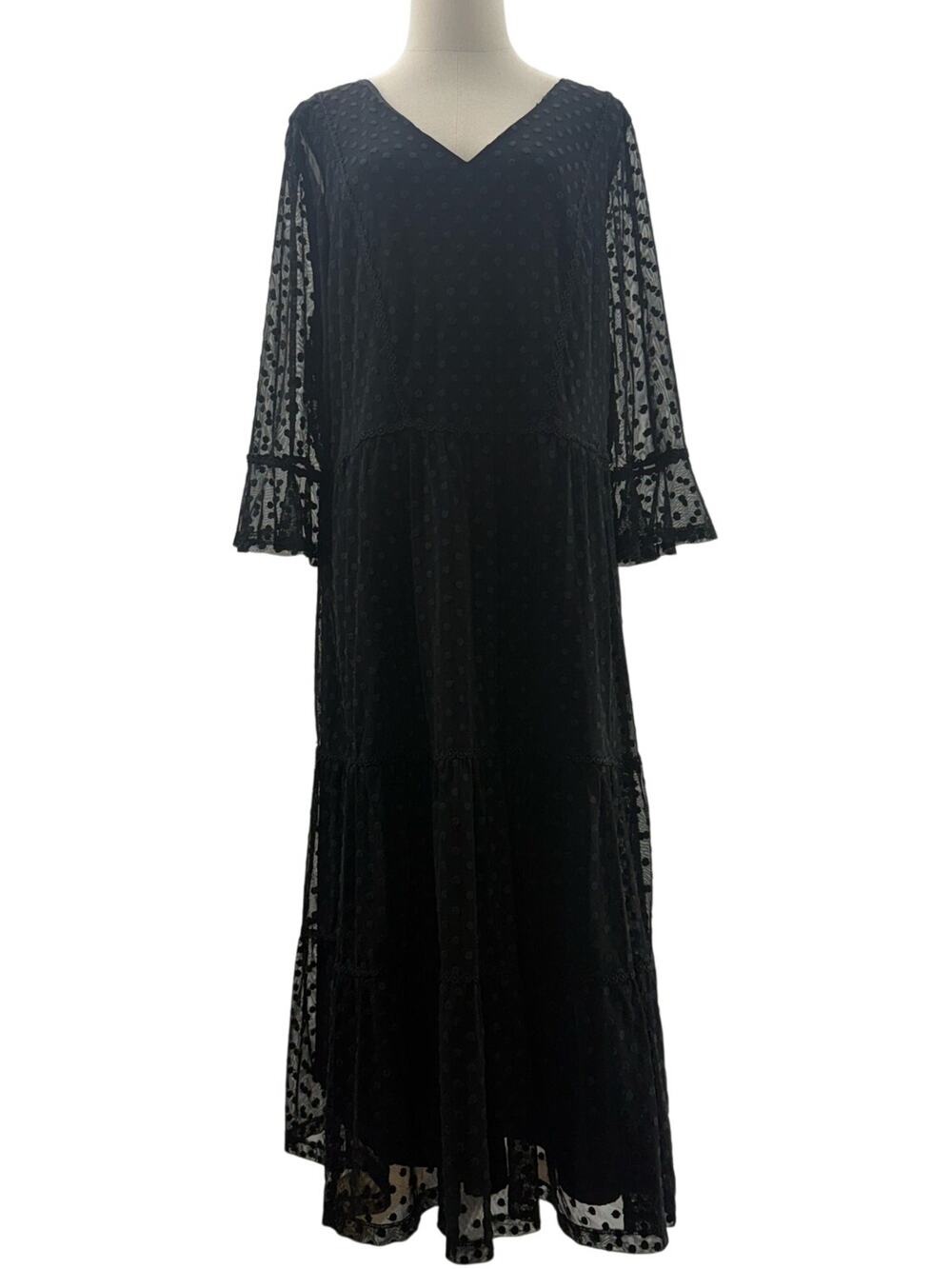 Boden Black Swiss Dot Sheer Overlay Midi Dress Women's 18R V Neck